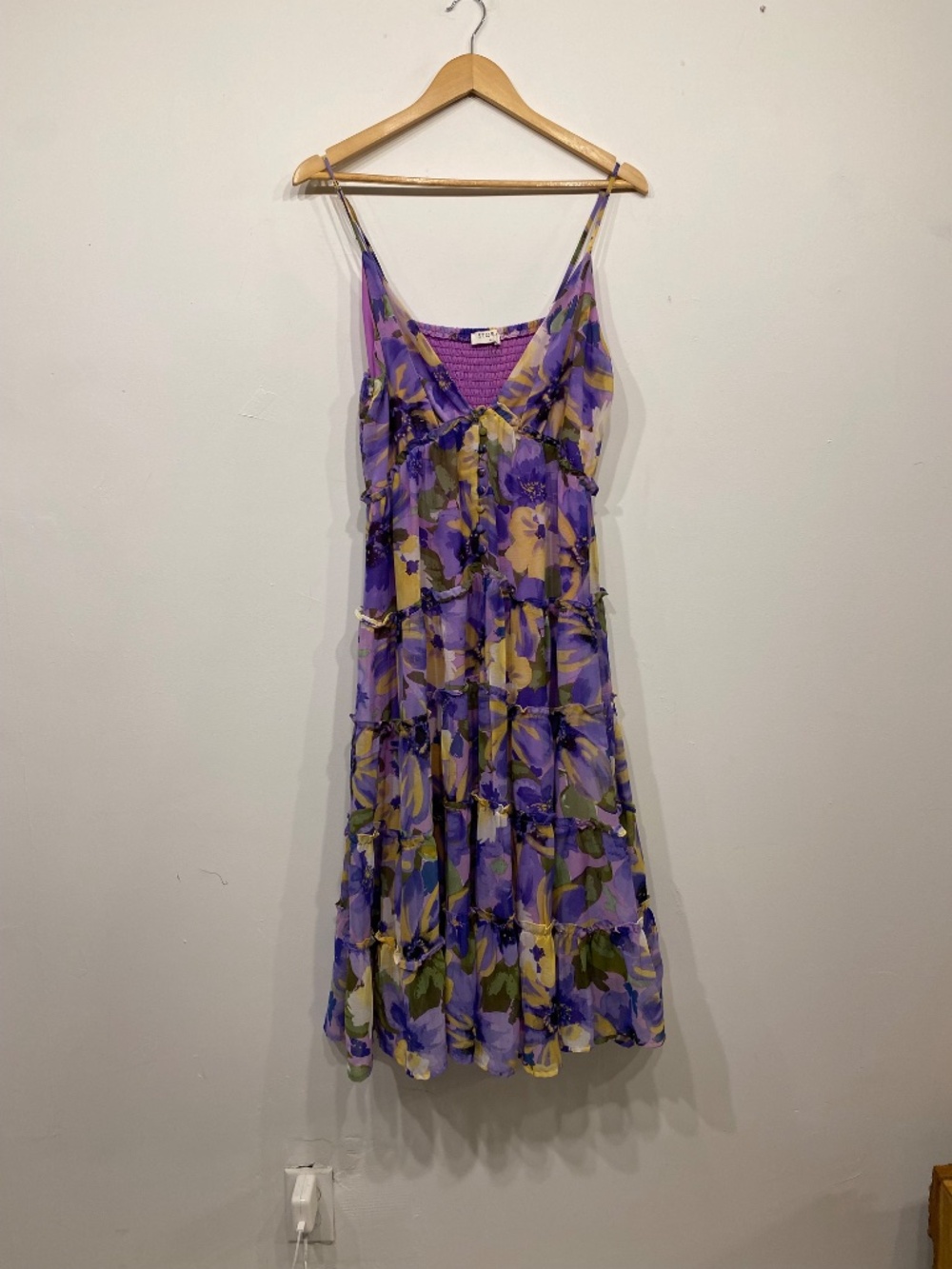 Storia Purple and Yellow Floral Tiered Boho Cottage Maxi Dress Size Medium